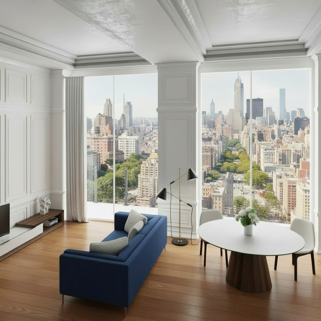 Wide Angle View of The Winston Dining Table 63 inch in White Calacatta Ceramic Surface and Walnut Veneer Base in a Room Next to Sofa