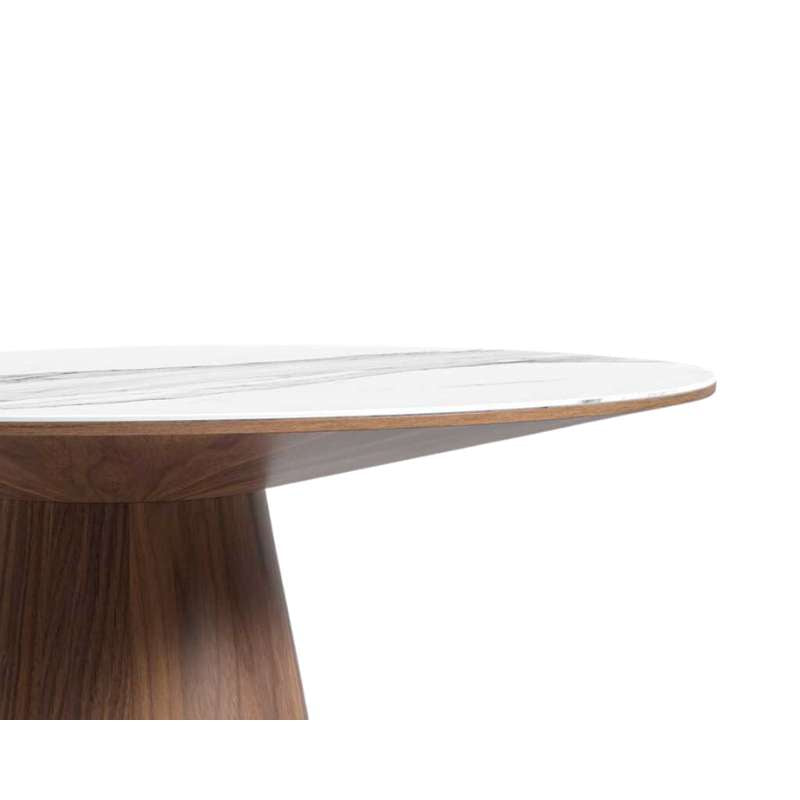 Close Up View of The Winston Dining Table 48 Inch With White Calacatta Ceramic Surface and Walnut Veneer Finish