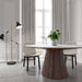 Close Up View of The Winston Dining Table 48 Inch With High Gloss White Lacquer Surface and Walnut Veneer Finish in The Corner of a Room