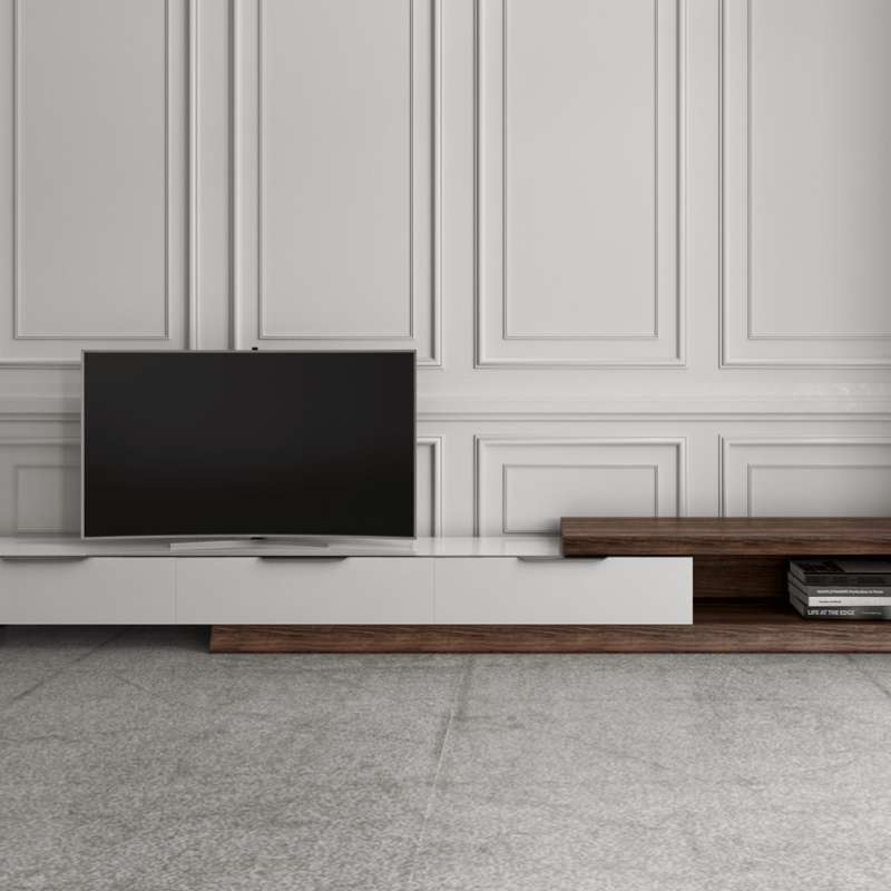 Close up View of The Winston Media Console Walnut Veneer With a TV on Top Of It