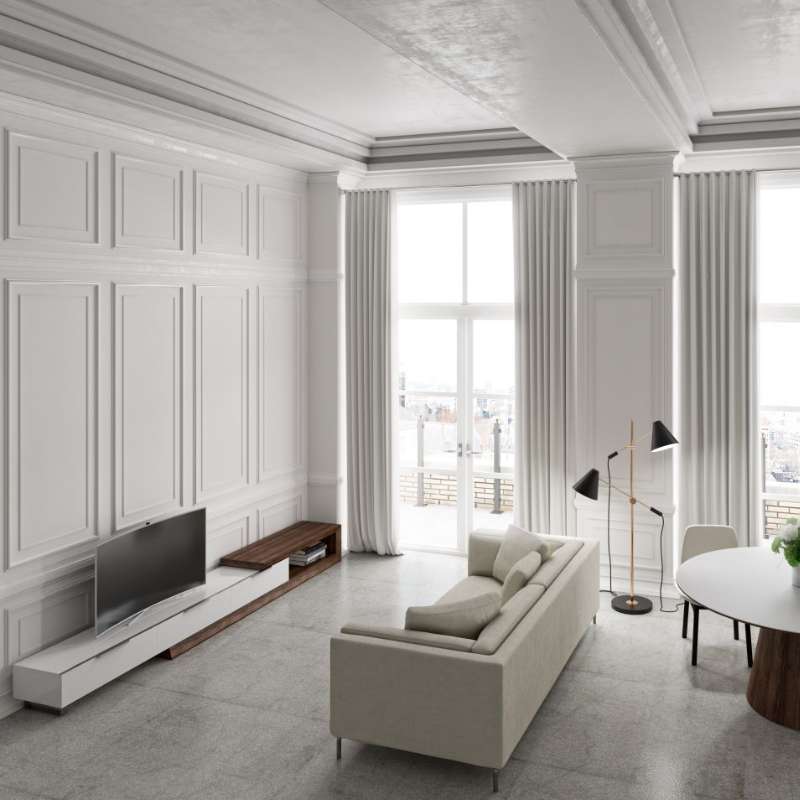 The Winston Media Console Walnut Veneer in a Living Room Against a Wall
